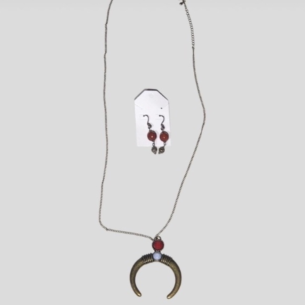Bronze Crescent Pendant Necklace and Drop Earrings Set